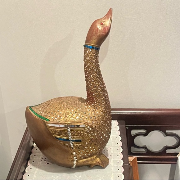 Folk Art Hand Carved Wood Decorated Golden Goose Sculpture Embossed Stone Carved - Picture 3 of 12